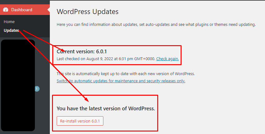 Check WordPress Version by Clicking the Updates Option